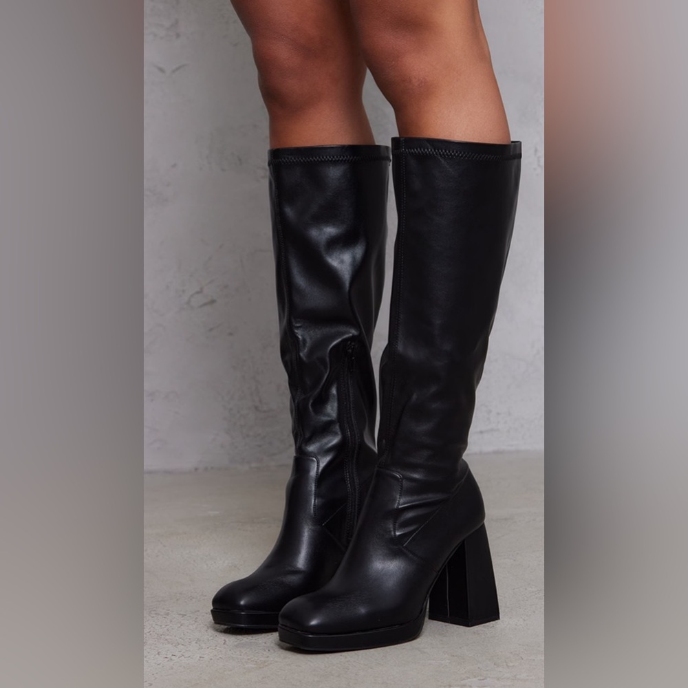 PLT Black Wide Fit Slight Platform High Block Heeled Knee Boots